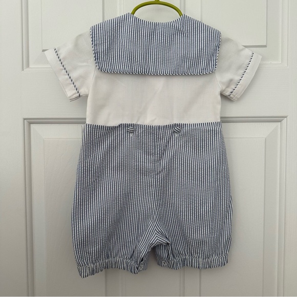 Little Diamonds Nautical Sailor Baby Boys Button-In Outfit Shorts Blue Stripe - Picture 4 of 6